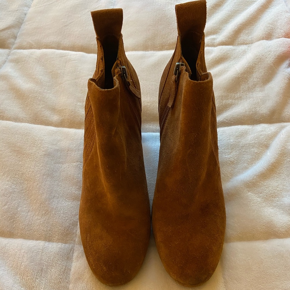 Barely worn brown suede booties with a heel